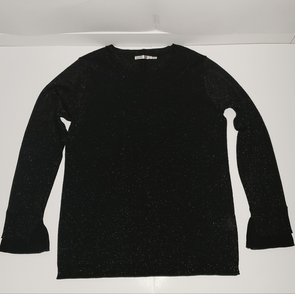 Esqualo Woven Knit Crewneck Sweater Long Sleeves Black Metallic Silver Medium